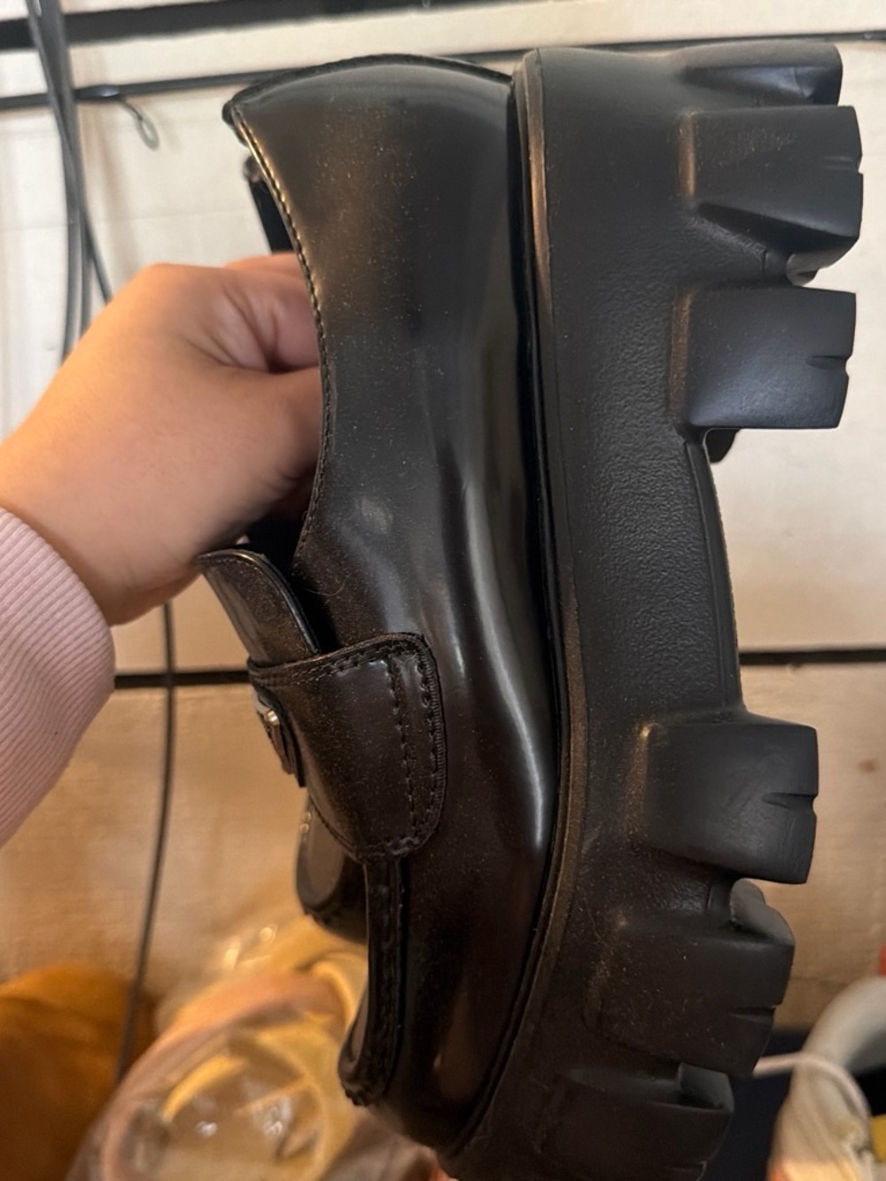 Women Black Chunky Lug Sole Loafers